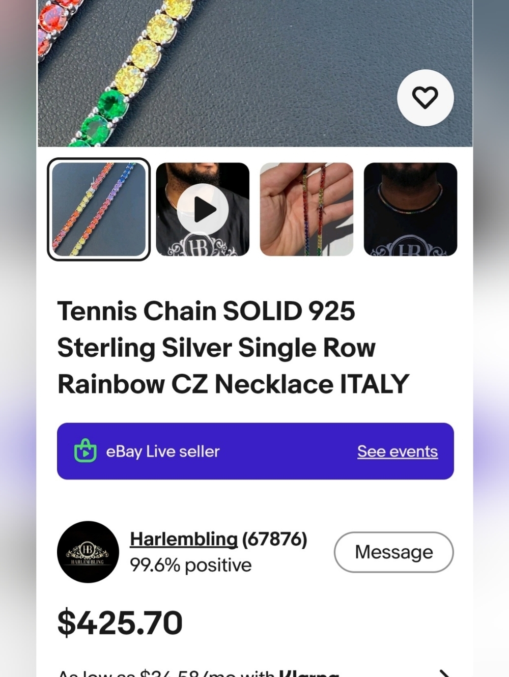 Tennis Chain SOLID 925 Gold Vermeil/ Single Row Rainbow CZ Necklace 20" - Picture 8 of 8